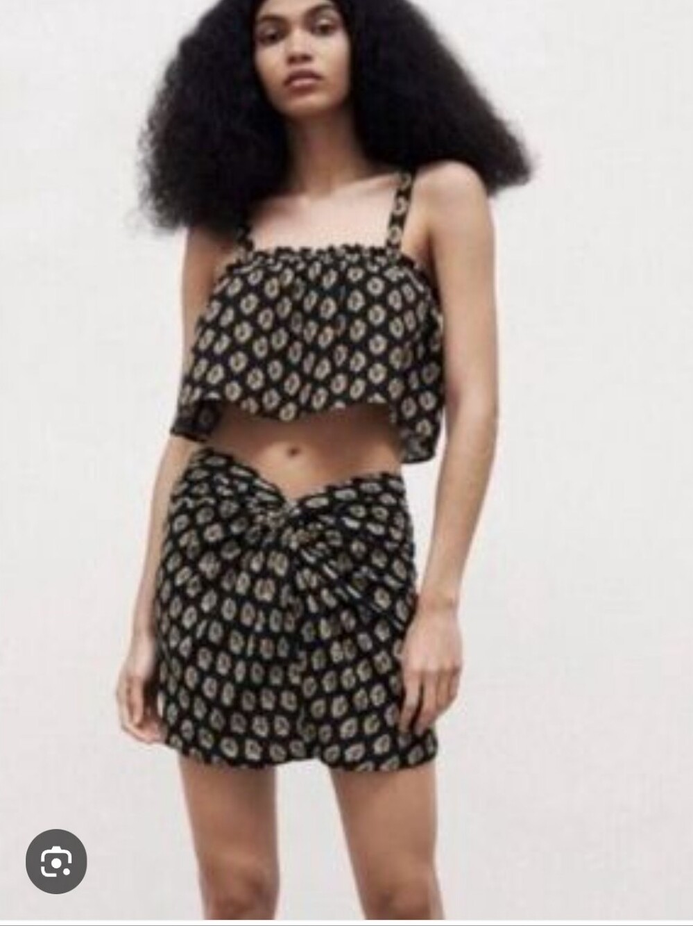 NWT ZARA | black floral print mini skirt matching crop top set sz XS S